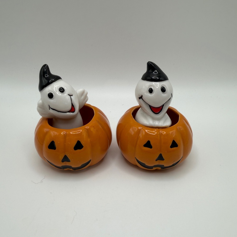 Ceramic Ghost in Pumpkin Halloween Figurines Set of 2 Orange White Glossy Decor‎